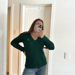 Ralph Lauren Green Cable Knit V-Neck Sweater